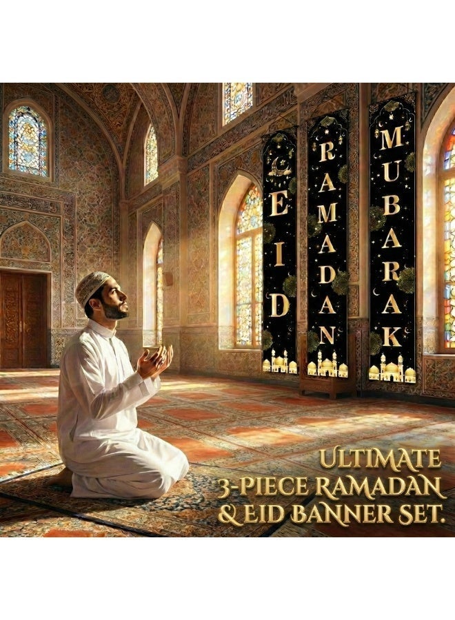 3 PCS Ramadan Kareem & Eid Mubarak Porch Banner Set, Vertical Hanging Door Sign, Islamic Party Decoration, Large Polyester Couplet for Outdoor Indoor Front Door Wall Home Decor (Black & Gold, 180 x 30 cm / 6 ft) - Image 5